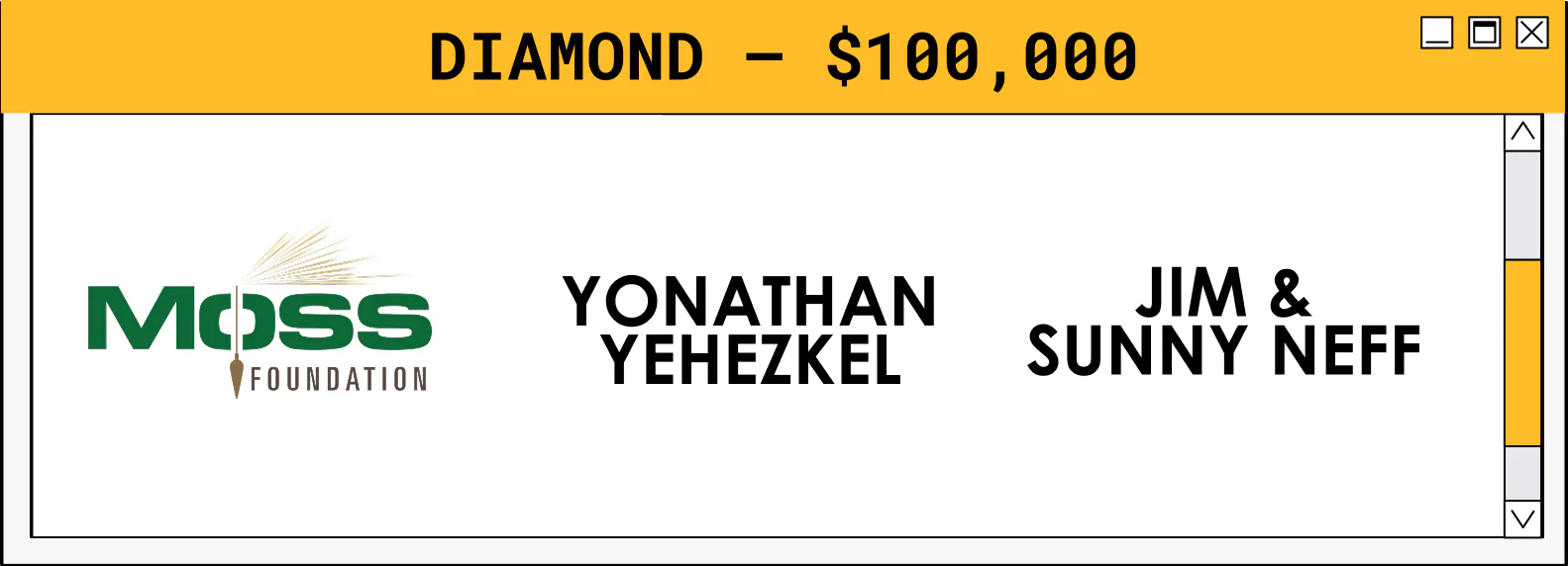 Sponsor tier box featuring Moss Foundation, Yonathan Yehezkel, and Jim & Sunny Neff logos.